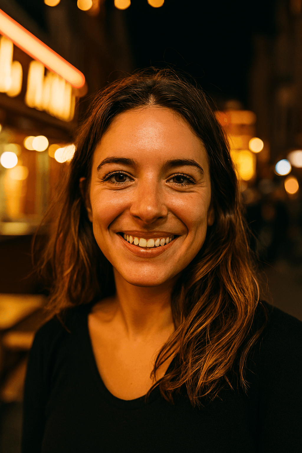 Profil fictif Gaelle_Nuit (jeune femme souriante dans une rue animée le soir)