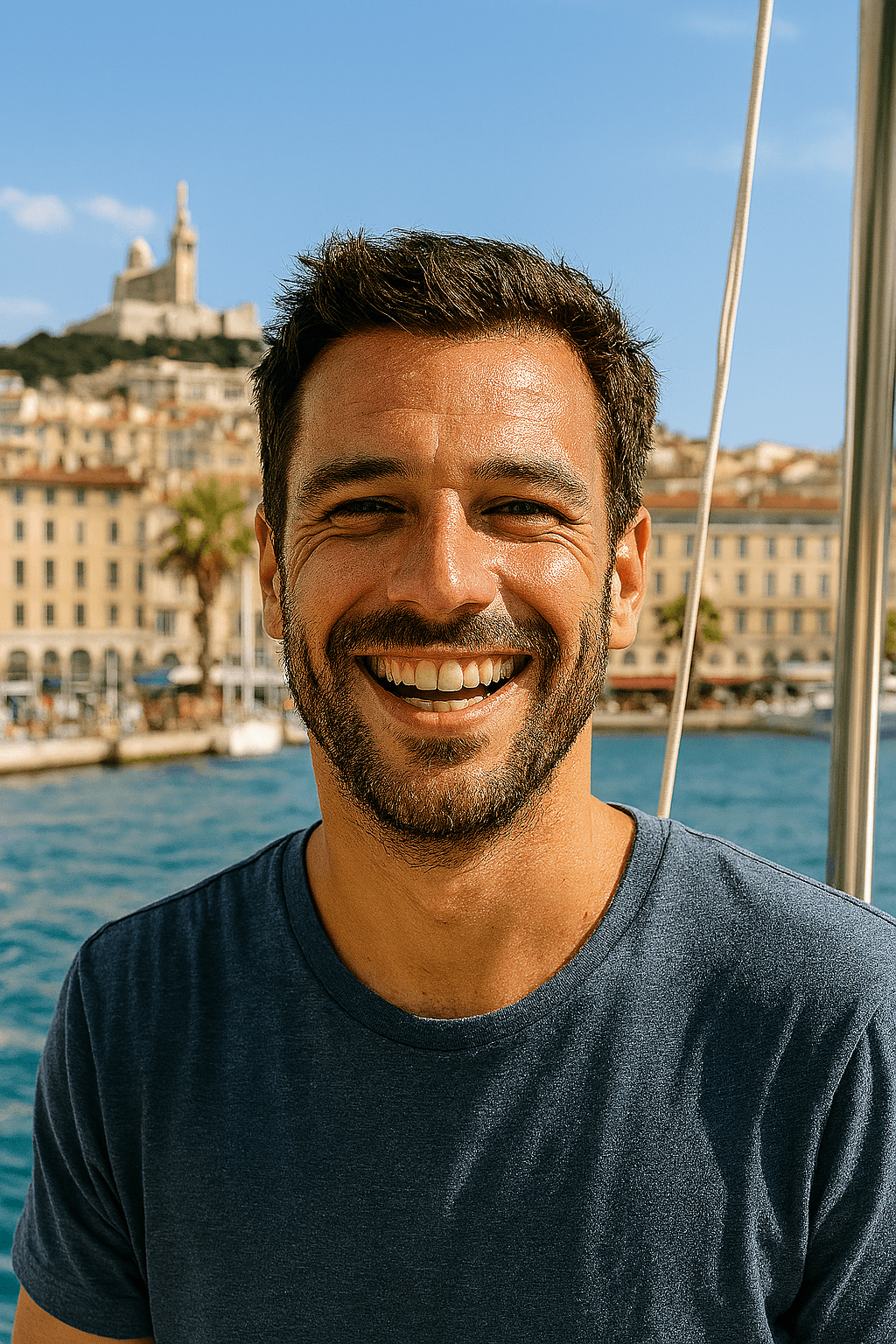 Profil fictif Ninou (femme souriante au soleil dans une grande place méditerranéenne)