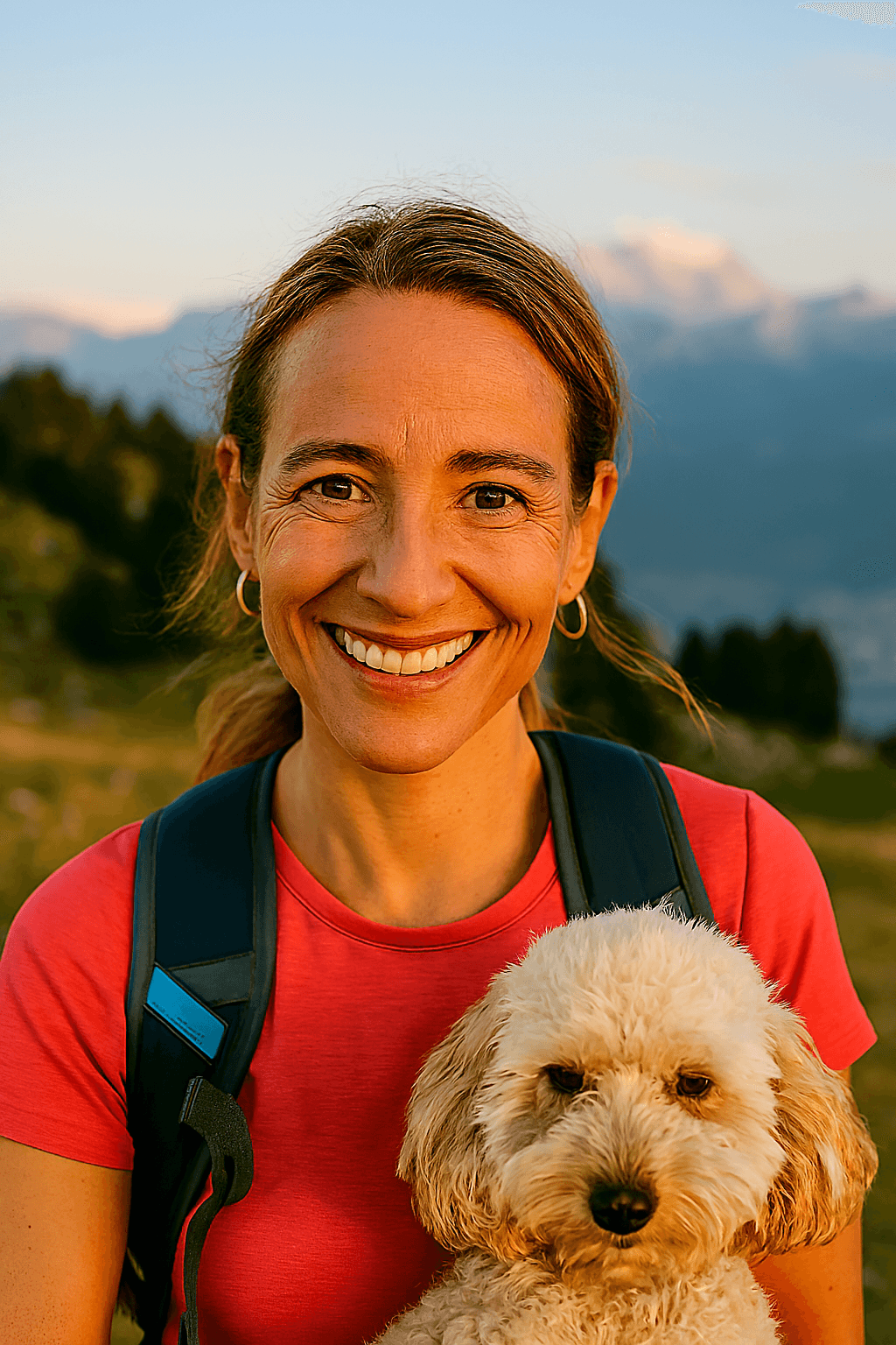 Profil fictif Anna (femme souriante en randonnée avec son chien)