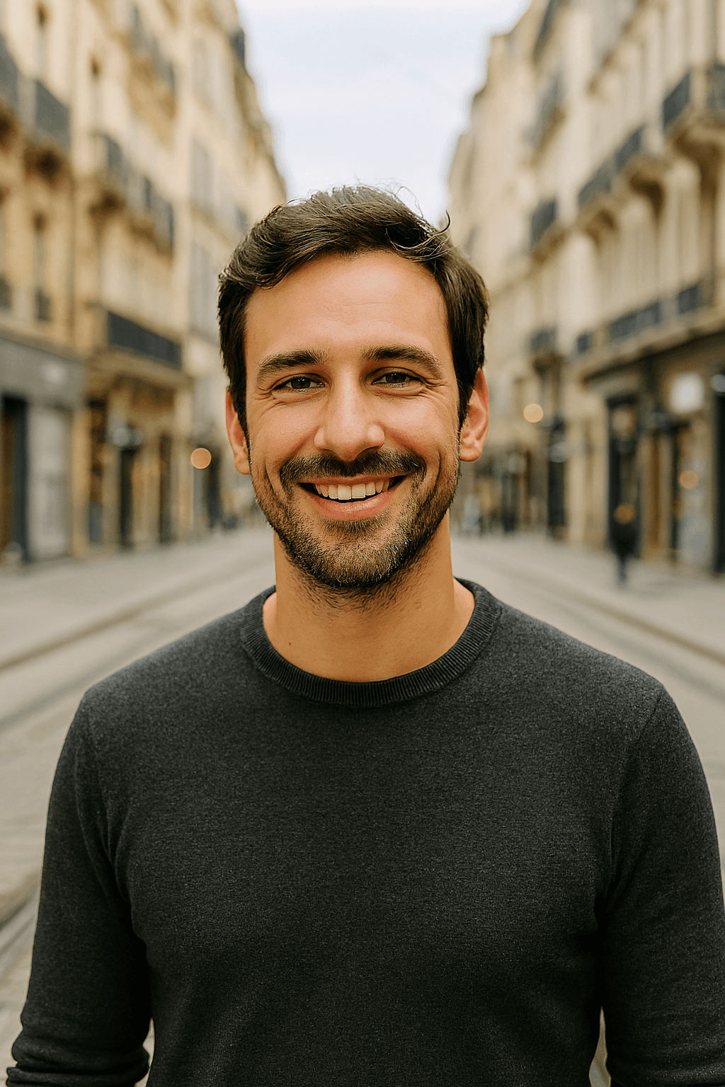 Profil fictif Lilian (homme souriant dans une rue de ville stéphanoise)