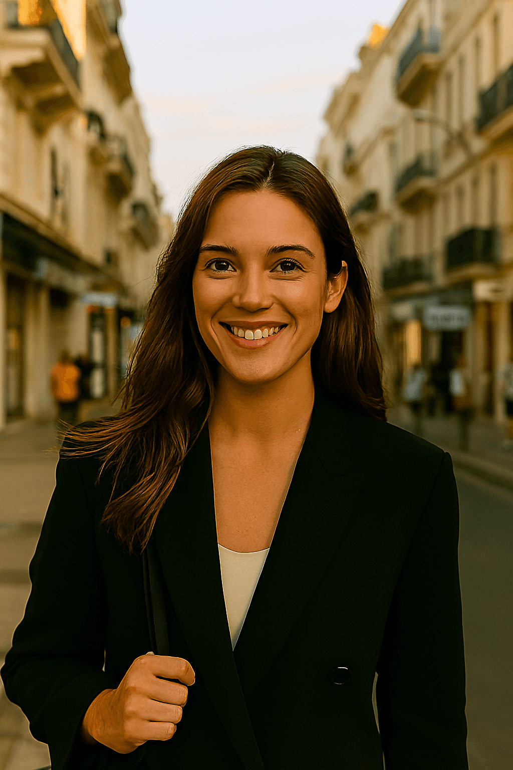 Profil fictif Sophie (jeune femme souriante dans une rue animée)