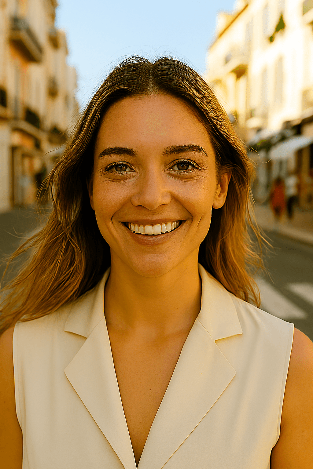 Profil fictif Mandie (jeune femme souriante dans une rue animée)