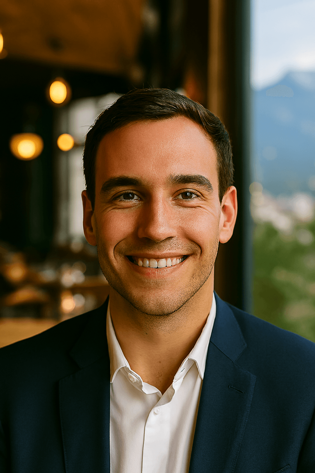 Profil fictif Malo (homme souriant près d’un parc urbain, ciel légèrement gris)