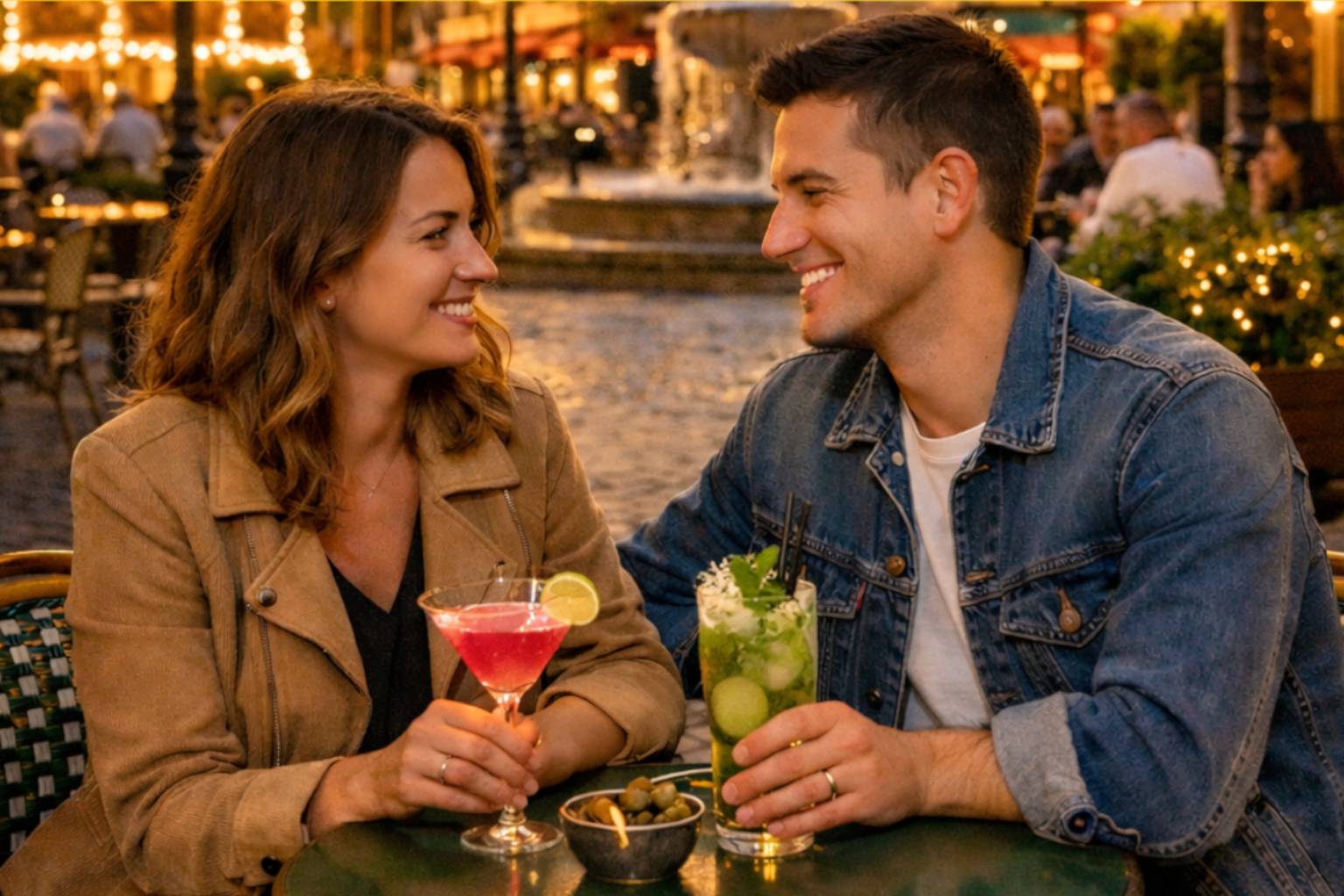 Couple trinquant au restaurant, ambiance chaleureuse